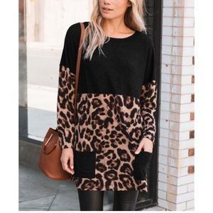 New Amaryllis Brown ColorBlock Leopard Tunic w/‎ Pockets Medium Casual Edgy Work